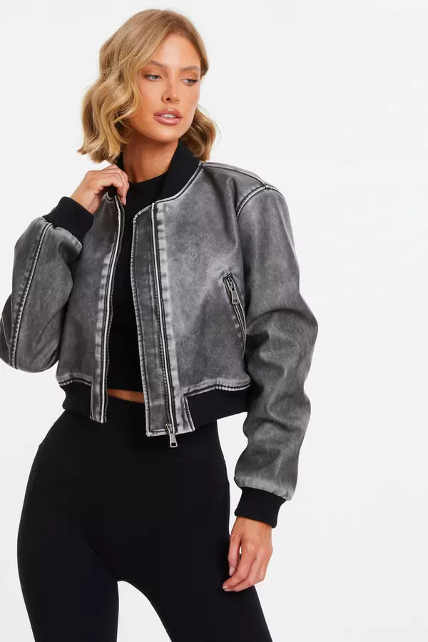 Grey Faux Leather Bomber Jacket