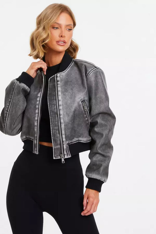 Grey Faux Leather Bomber Jacket — 12