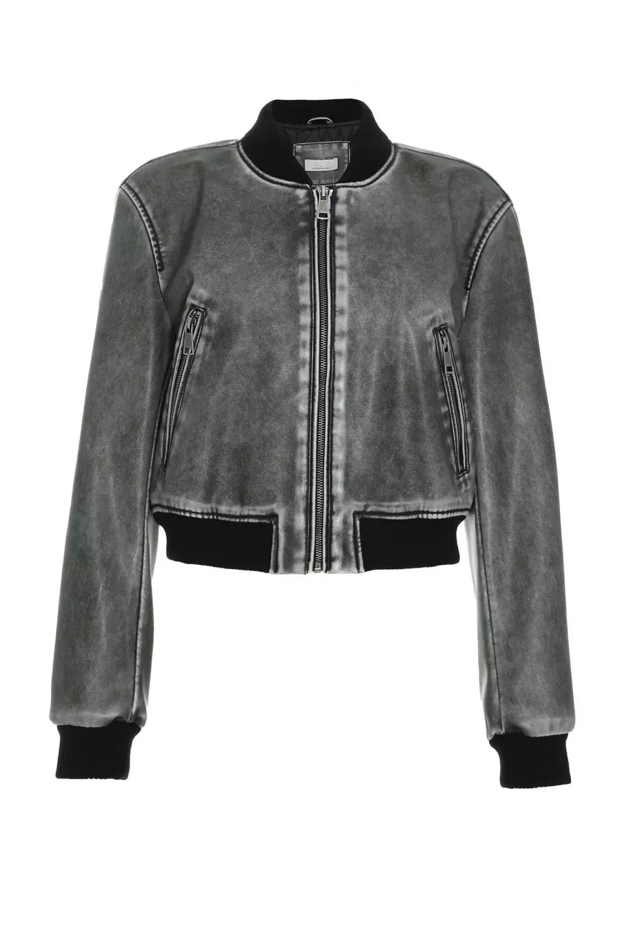 Grey Faux Leather Bomber Jacket