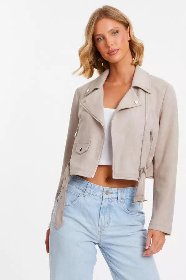 Stone Faux Suede Cropped Biker Jacket