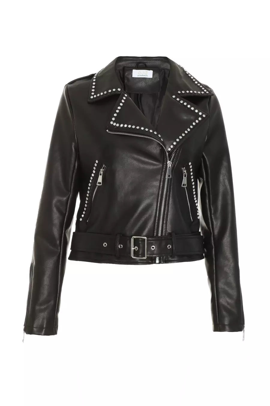 Black Faux Leather Studded Biker Jacket