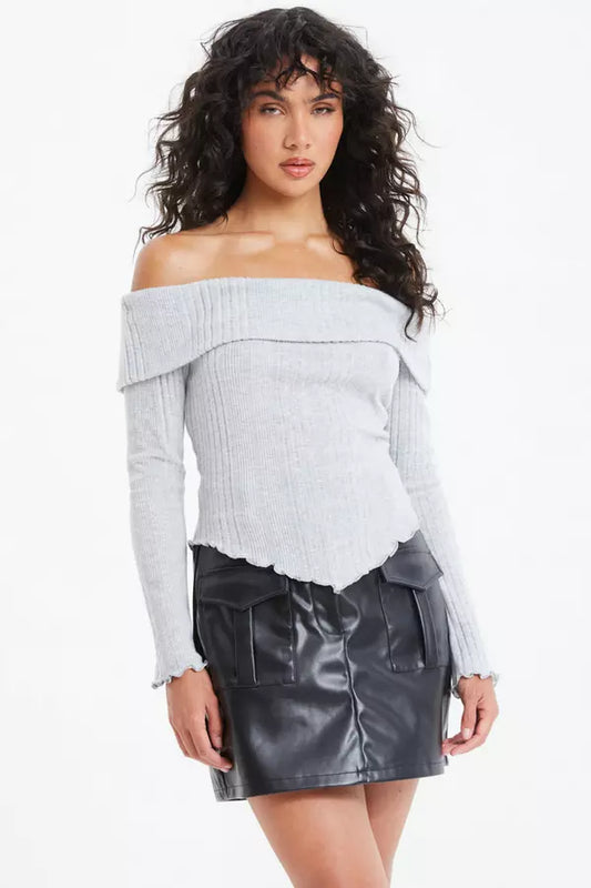 Grey Knitted Bardot V Hem Top