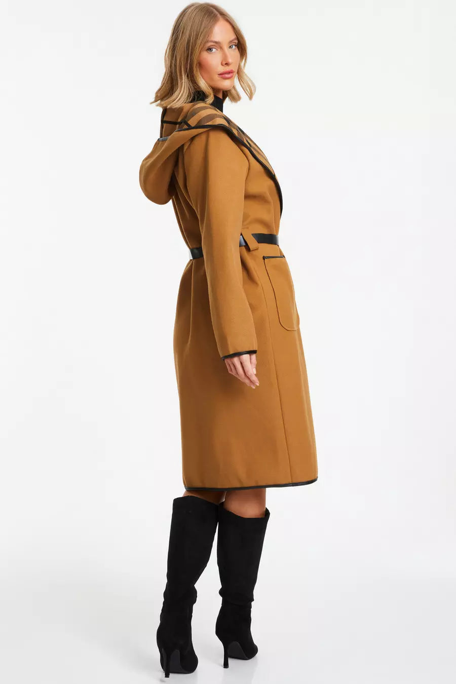 Camel Check Print Belted Coat