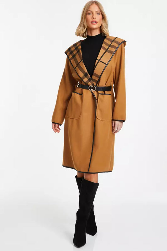 Camel Check Print Belted Coat