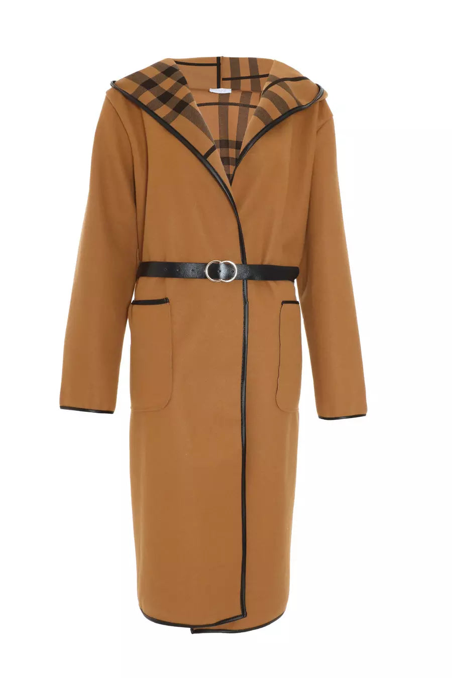 Camel Check Print Belted Coat