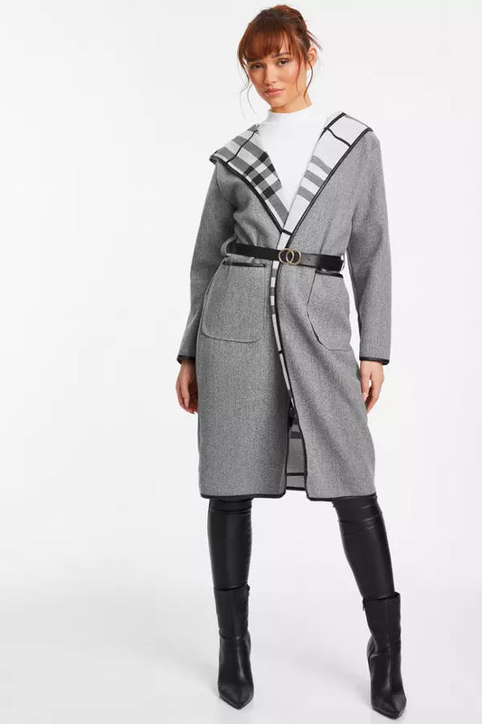 Grey Check Print Belted Coat