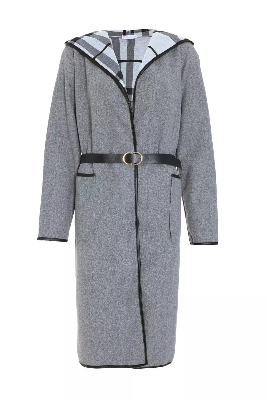 Grey Check Print Belted Coat