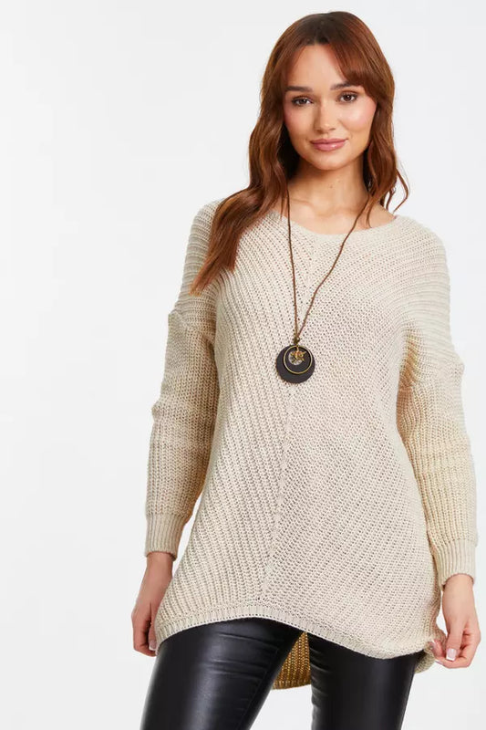 Beige Knit Dip Hem Necklace Jumper