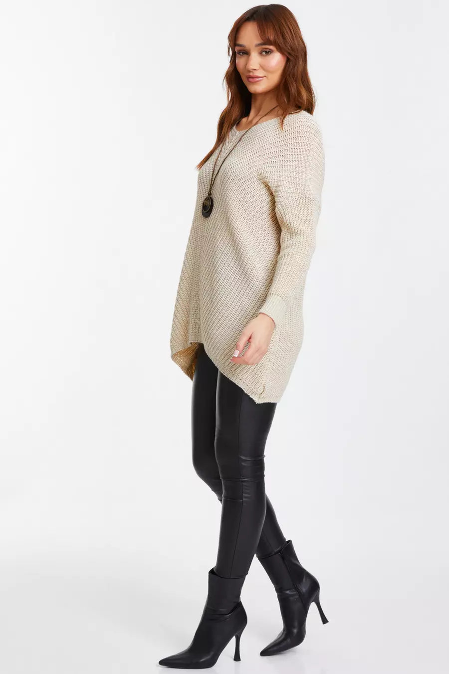 Beige Knit Dip Hem Necklace Jumper