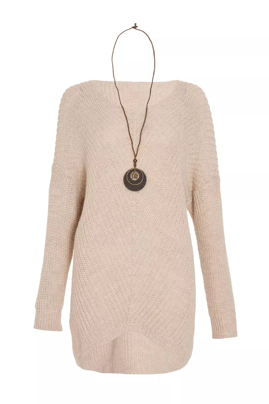 Beige Knit Dip Hem Necklace Jumper