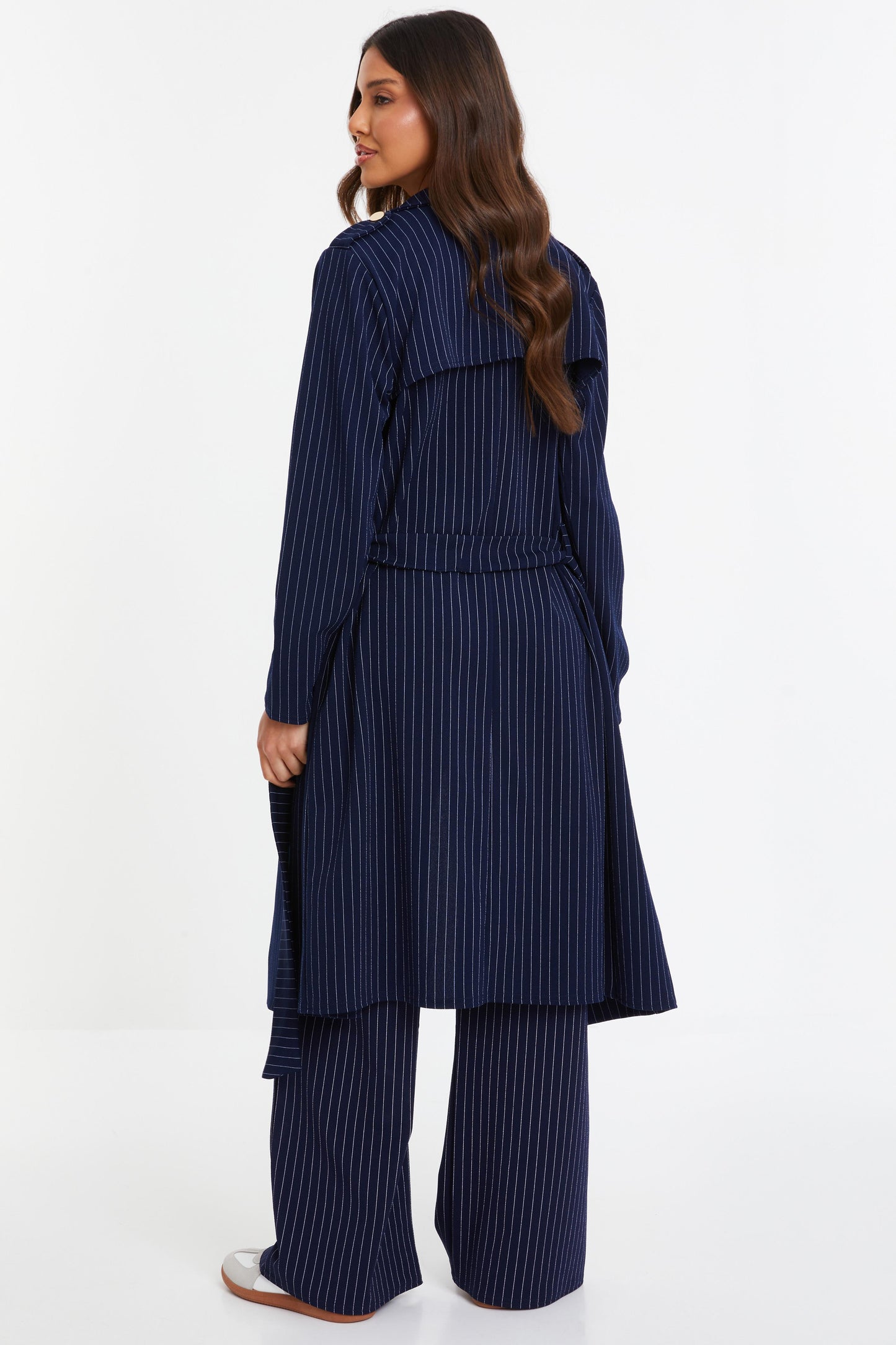 Navy Pinstripe Tie Belt Duster Coat