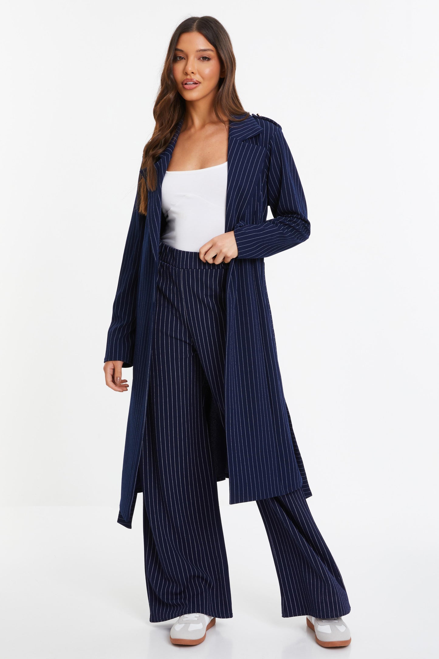 Navy Pinstripe Tie Belt Duster Coat