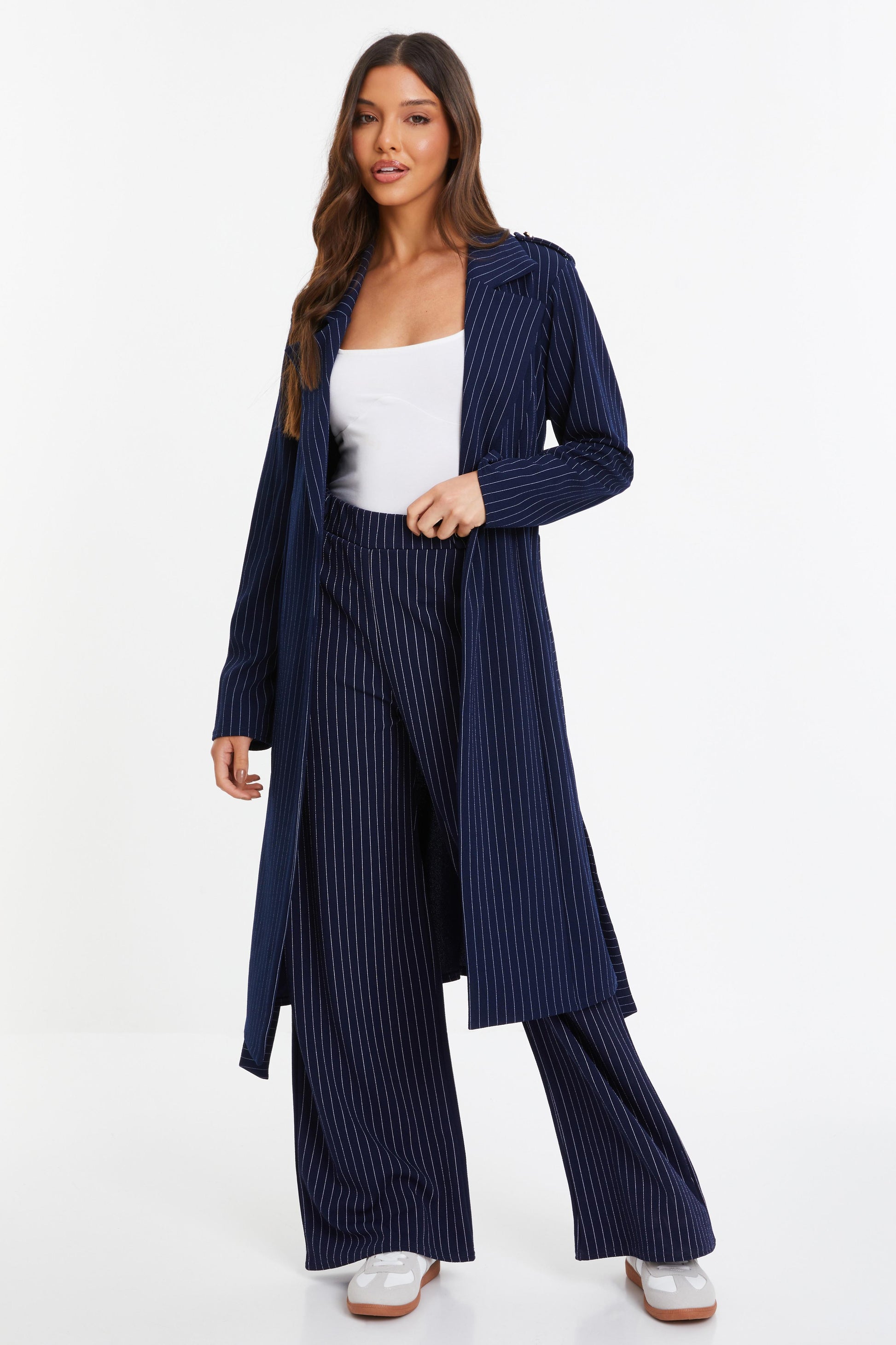 Light wight Navy Pinstripe Tie Belt Duster Coat — 16