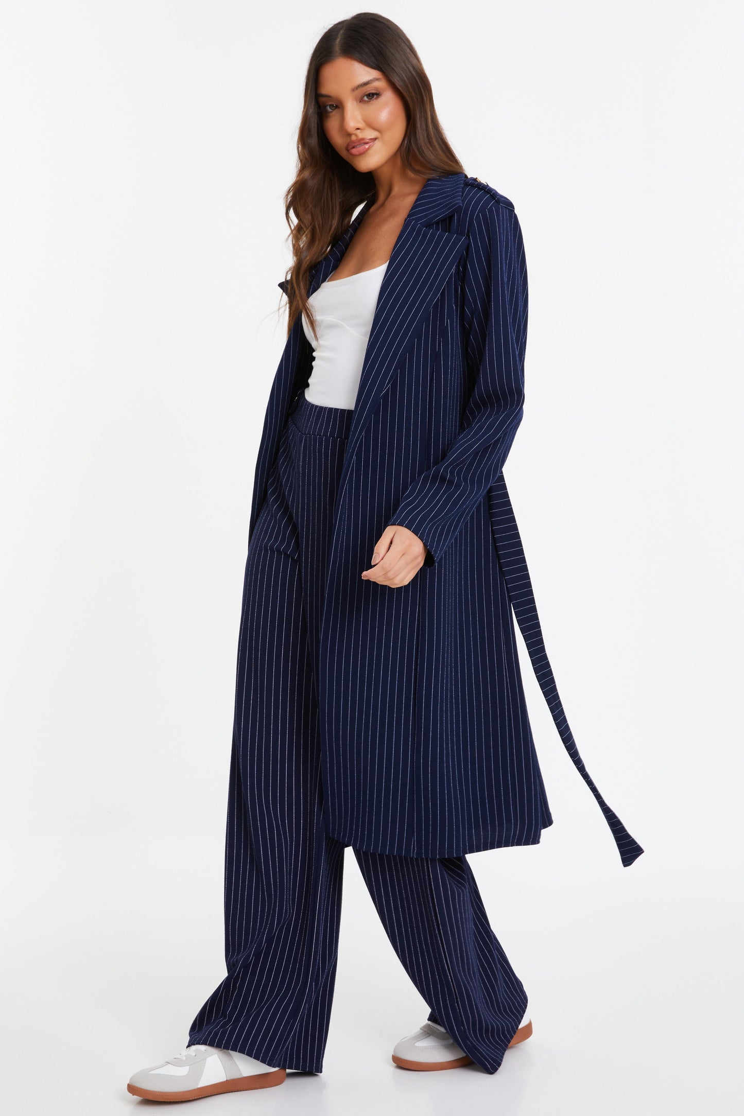 Navy Pinstripe Tie Belt Duster Coat