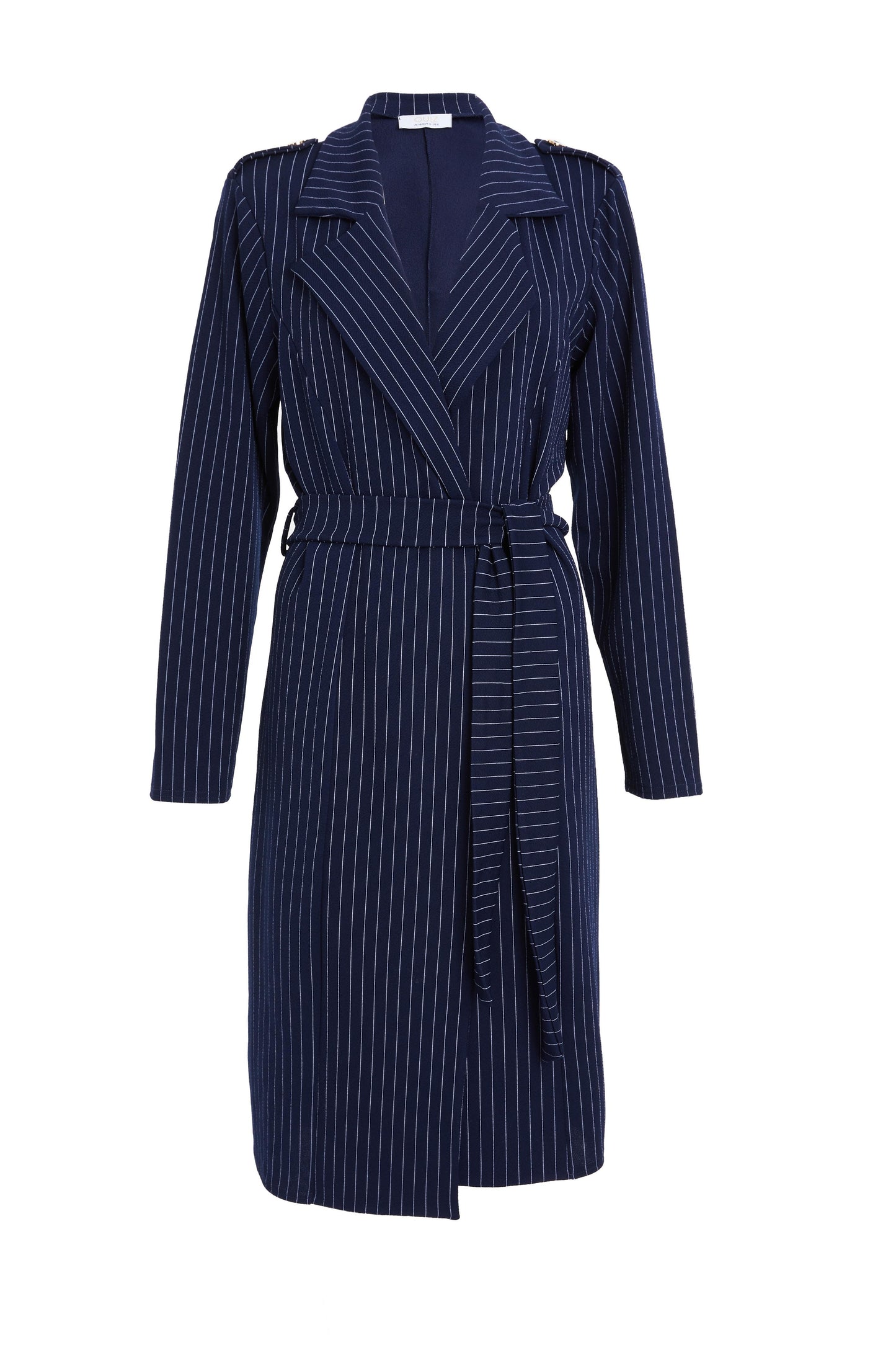 Navy Pinstripe Tie Belt Duster Coat