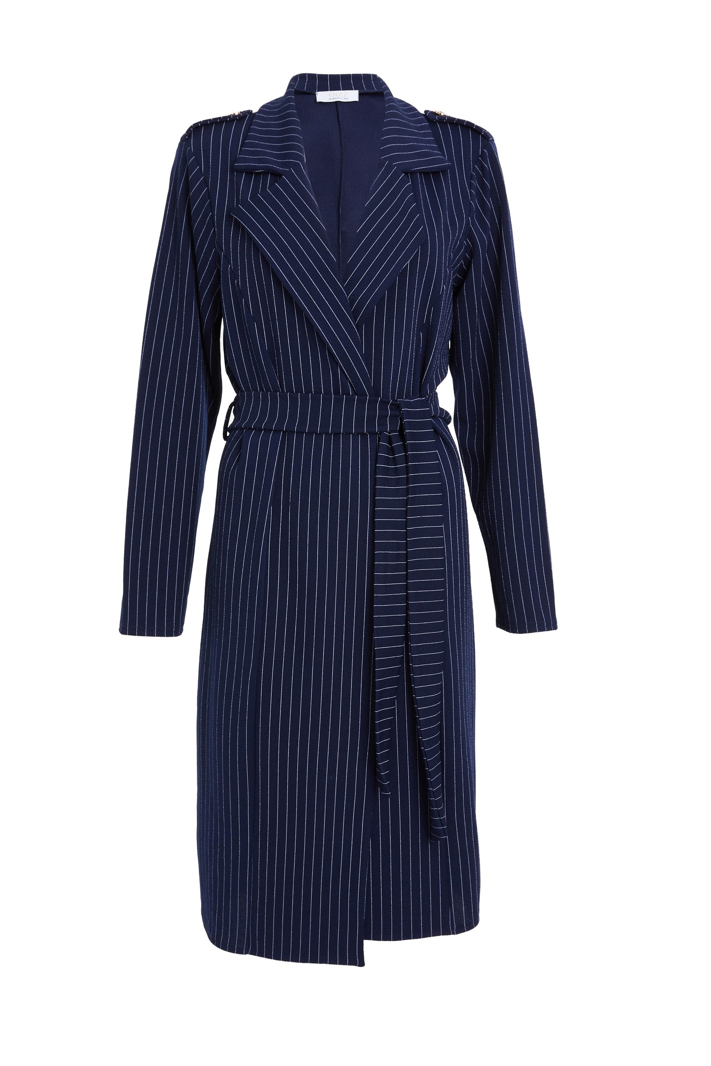Light wight Navy Pinstripe Tie Belt Duster Coat — 16