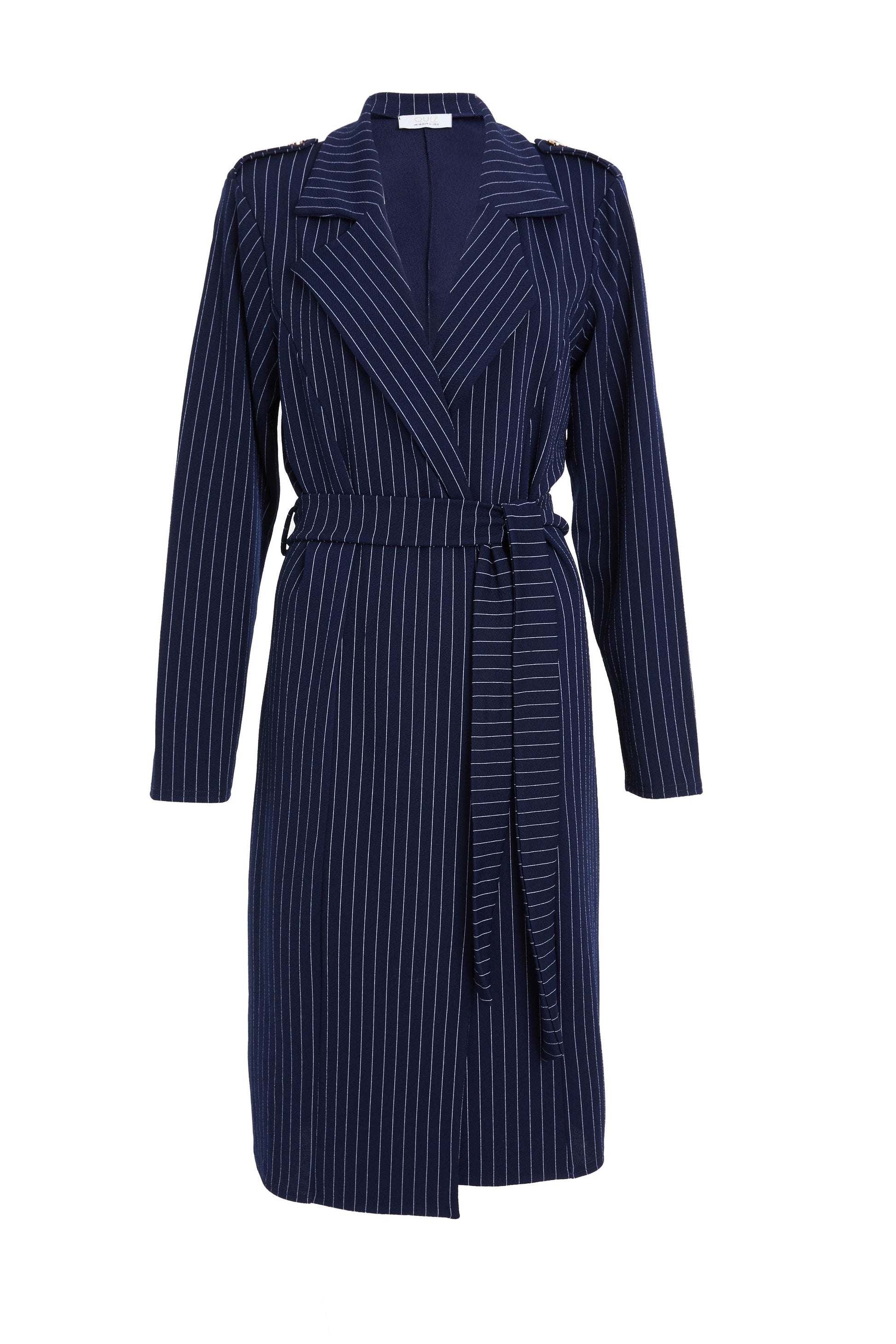 Light wight Navy Pinstripe Tie Belt Duster Coat — 16
