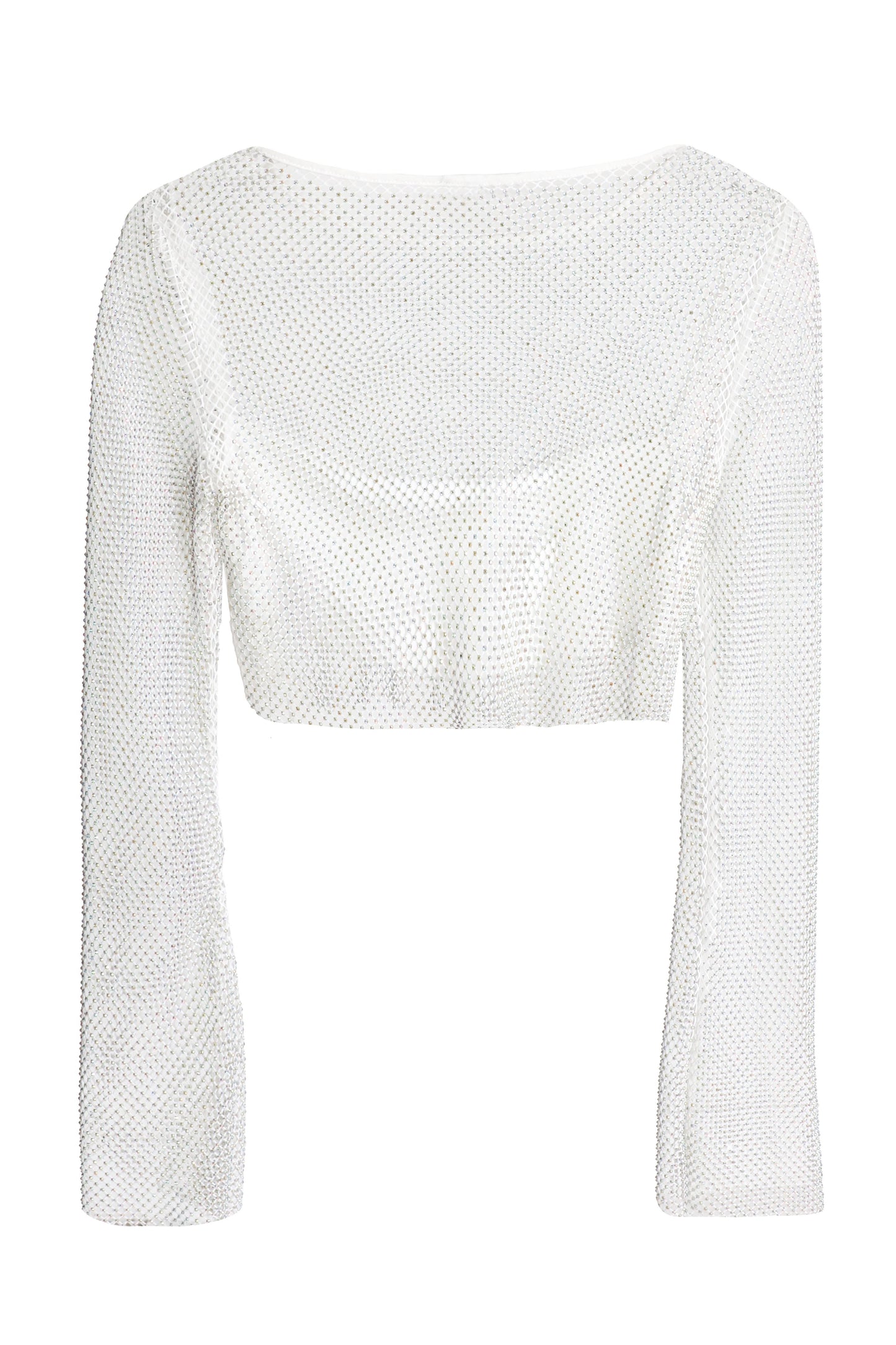 White Diamante Embellished Mesh Crop Top