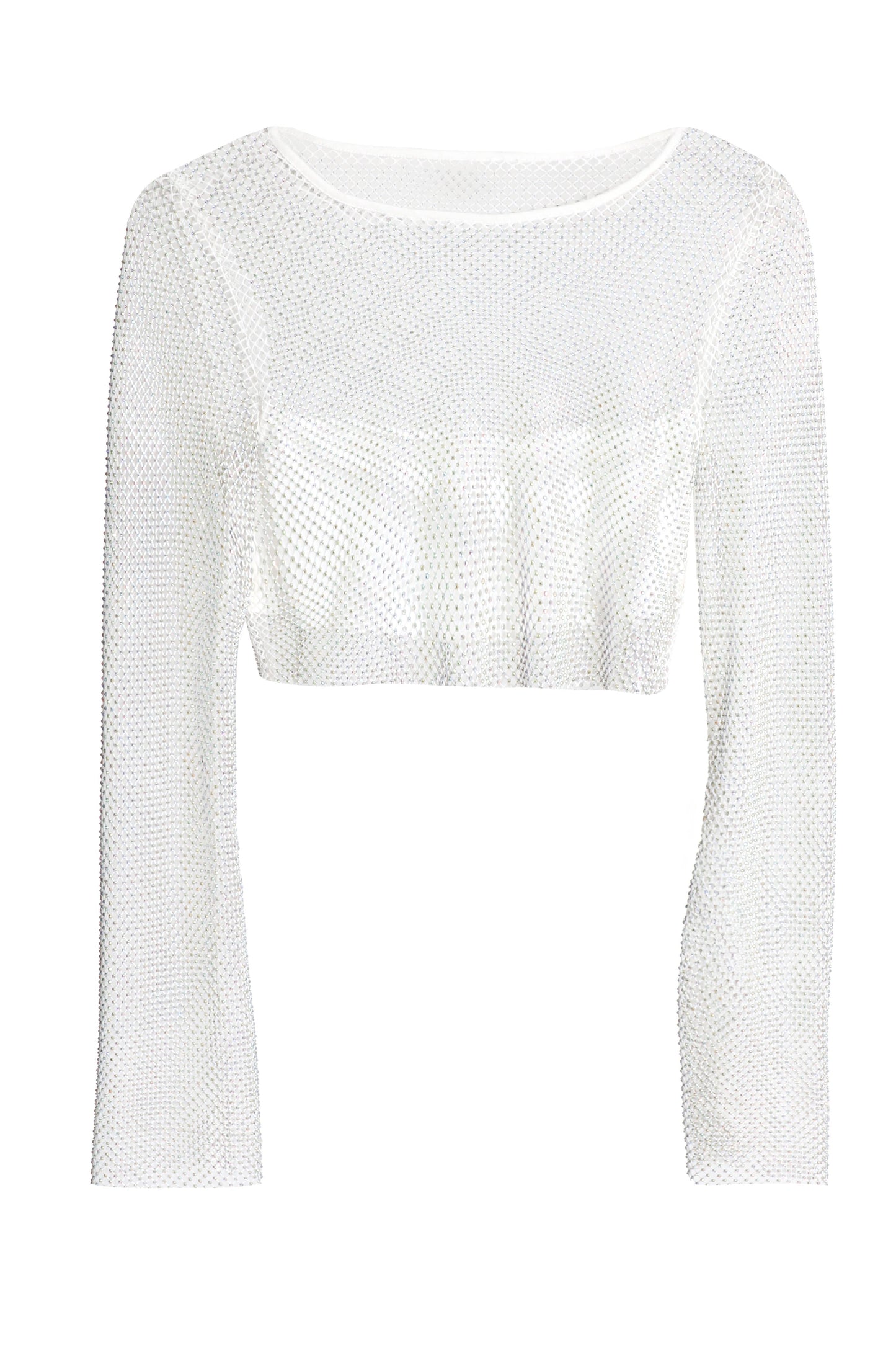 White Diamante Embellished Mesh Crop Top