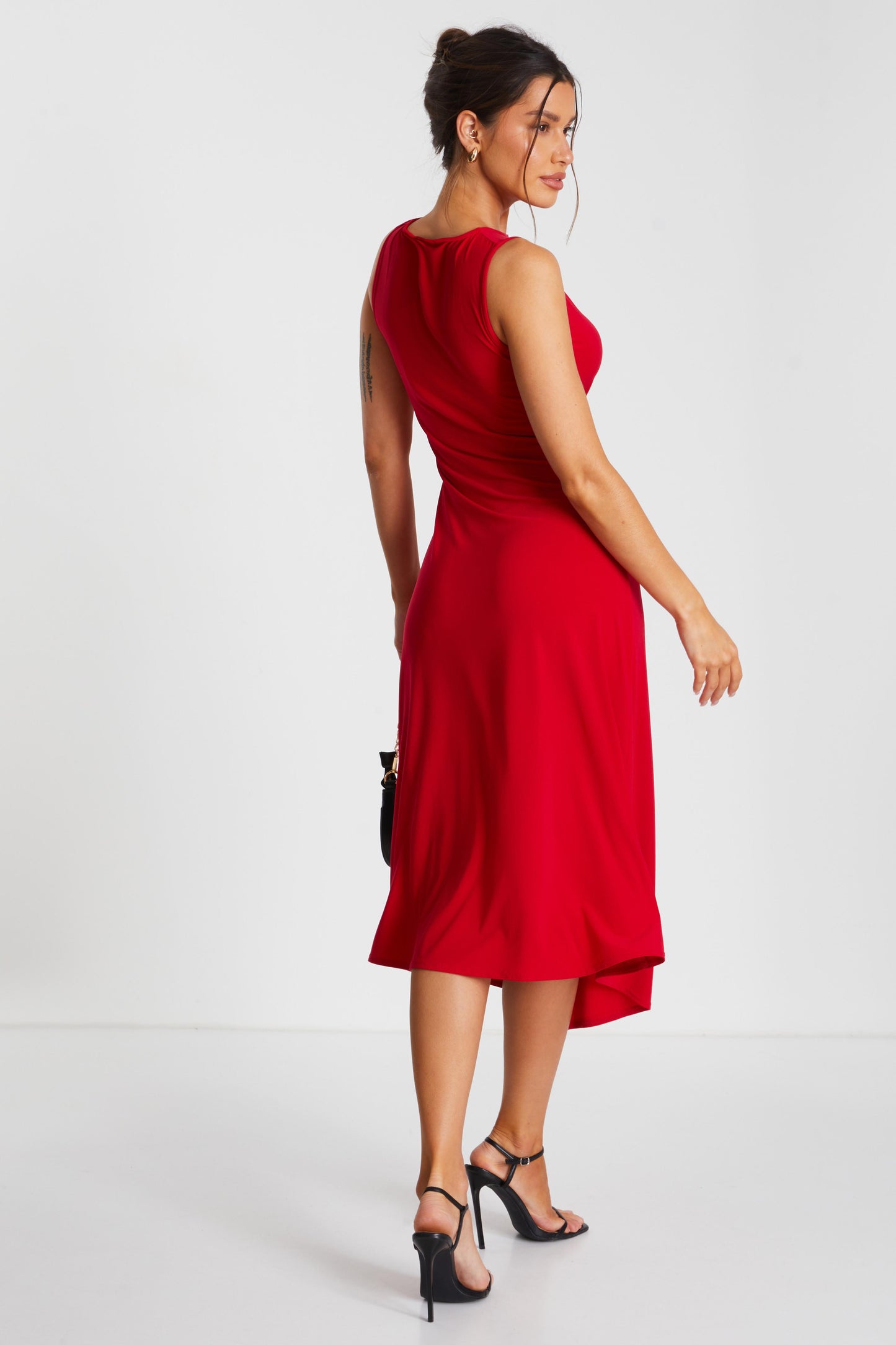 Red Ruched Side Midi Dress