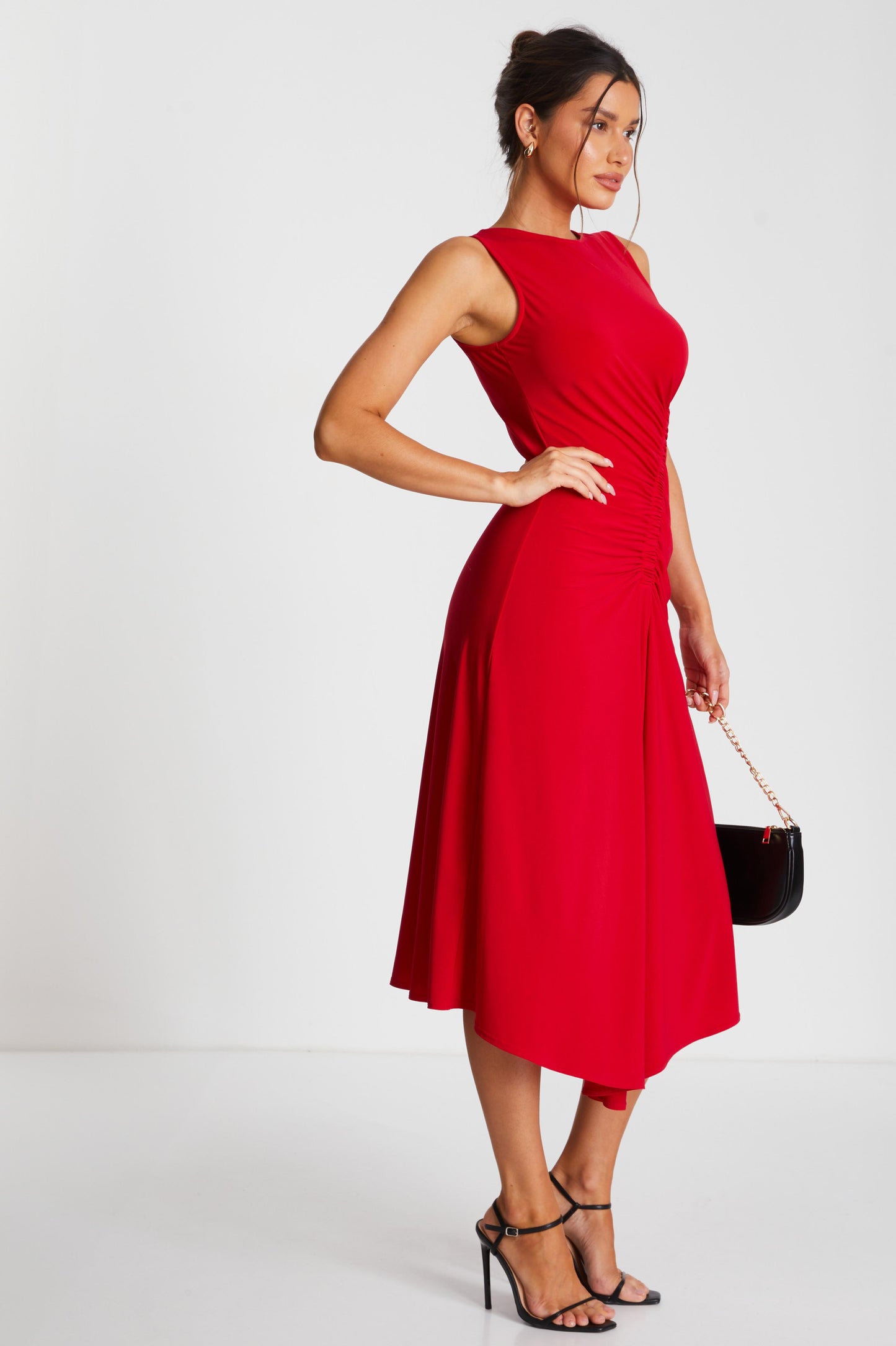 Red Ruched Side Midi Dress