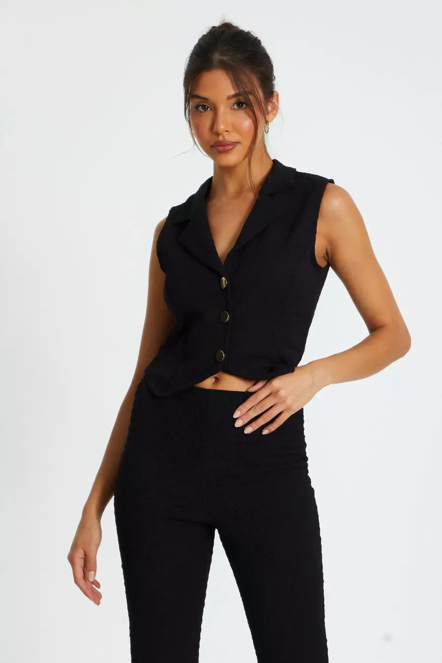 Black Textured Button Down Sleeveless Waistcoat