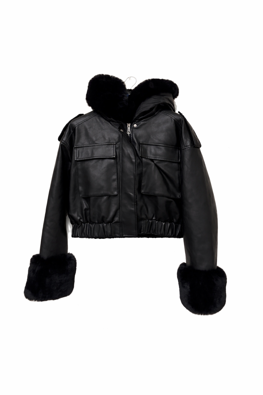 Black Leather Faux Fur Bomber Jacket