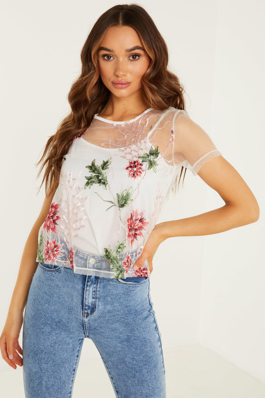 White Mesh Embroidered Short Top