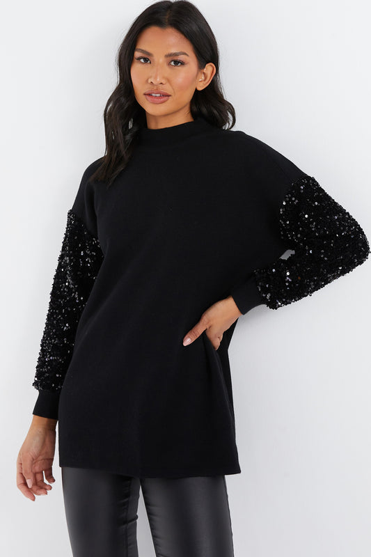 Black Knitted Sequin Sleeve Jumper