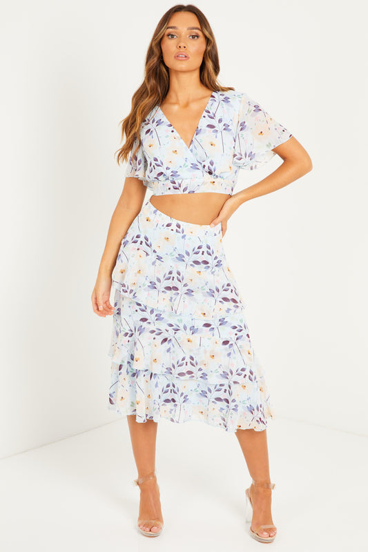 Blue/ Pink Floral Chiff Wrap Frill Crop Top