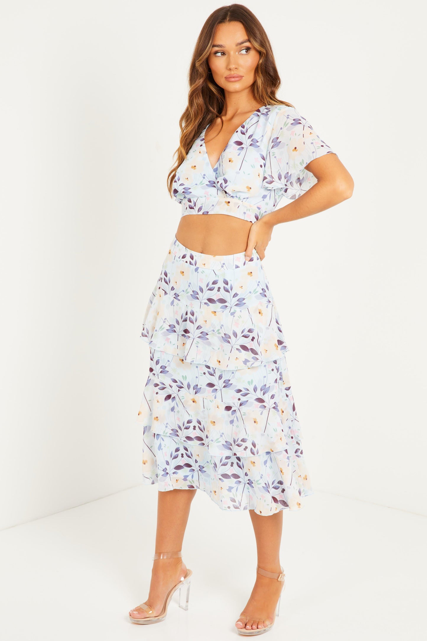 Blue/ Pink Floral Chiff Wrap Frill Crop Top