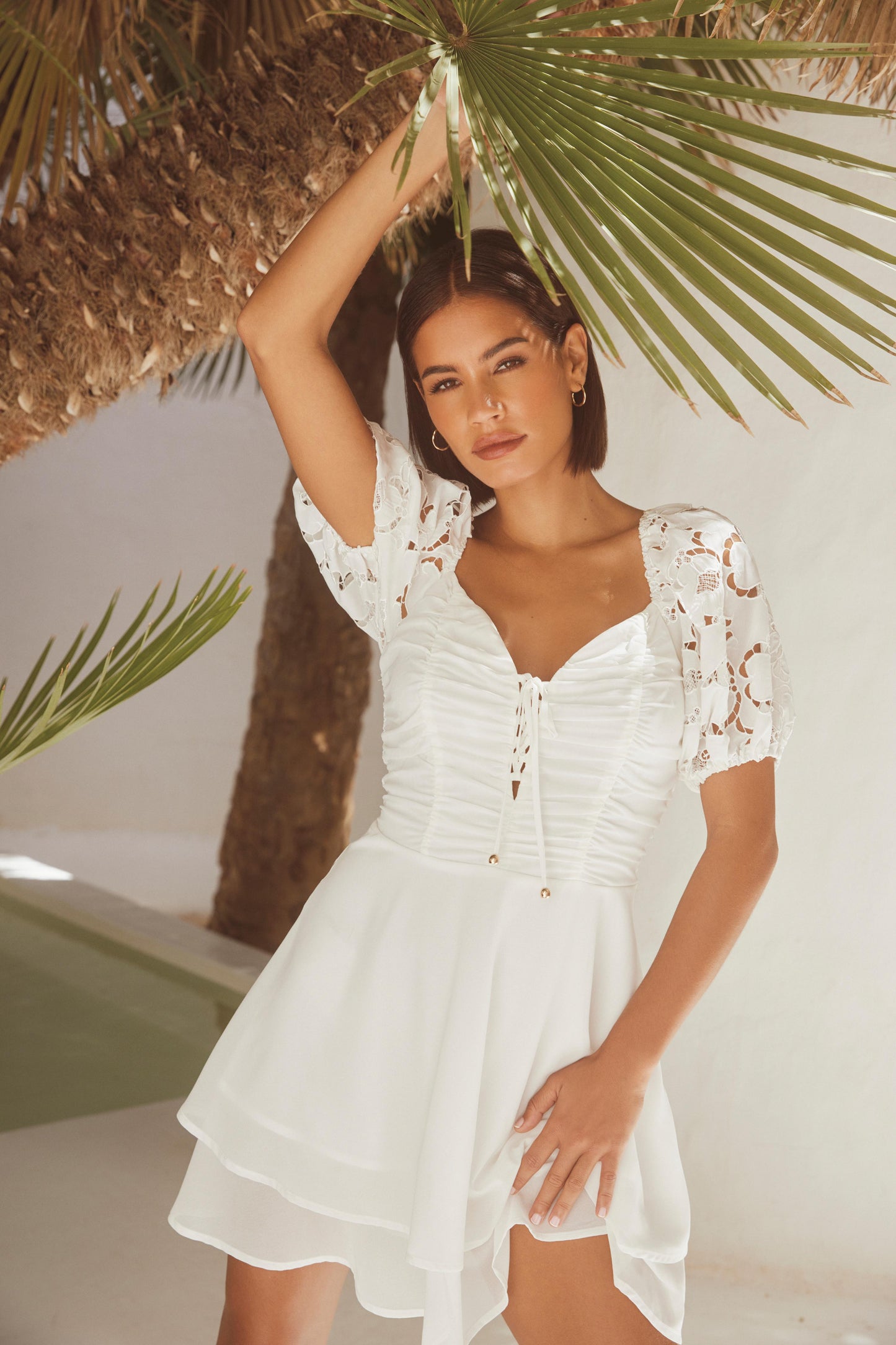 White Lace Up Mini Dress