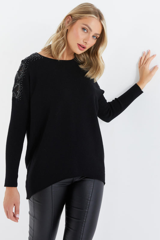 Black Light Knit Diamante Jumper