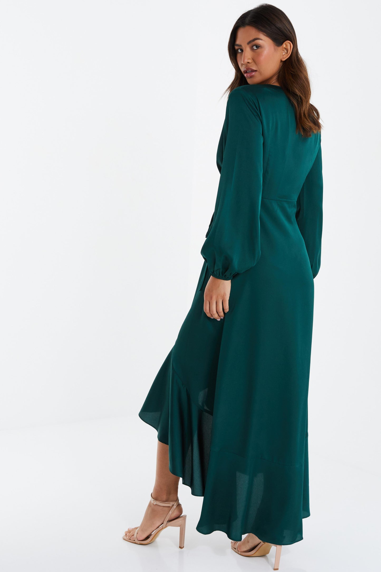 Green Satin Wrap Midi Dress