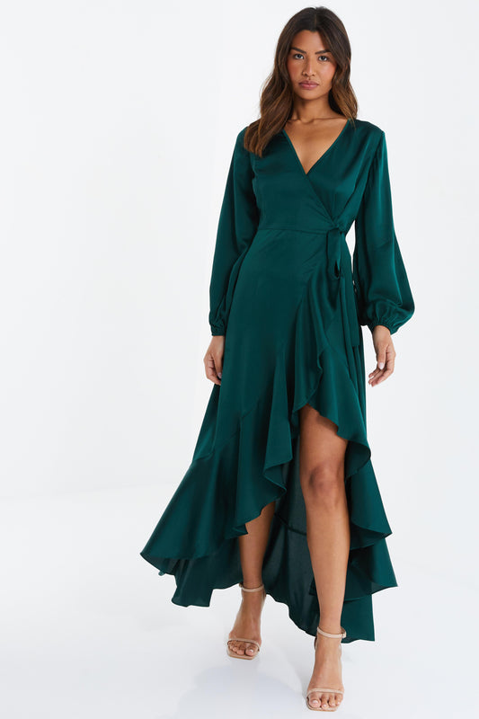 Green Satin Wrap Midi Dress