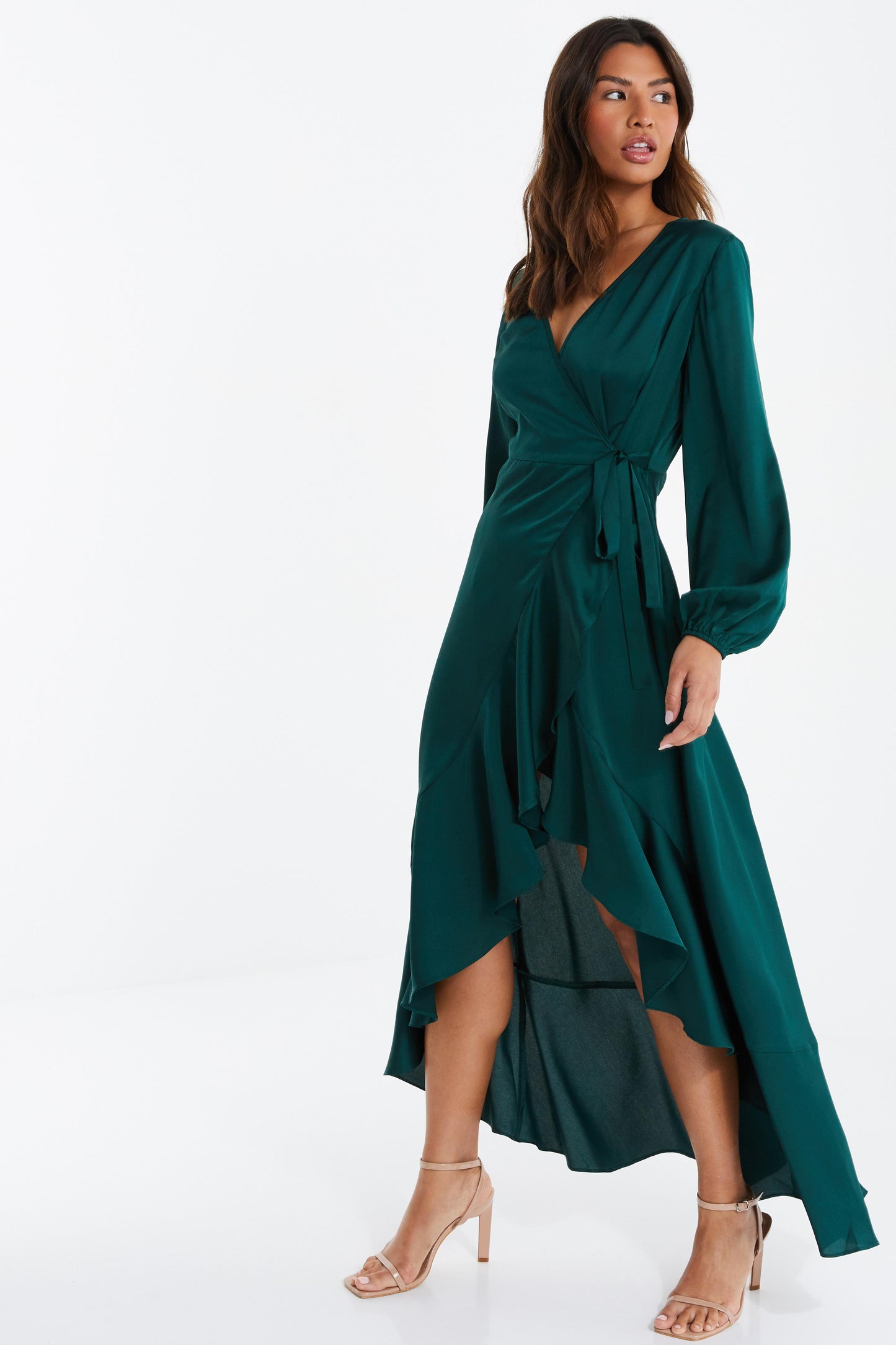 Green Satin Wrap Midi Dress