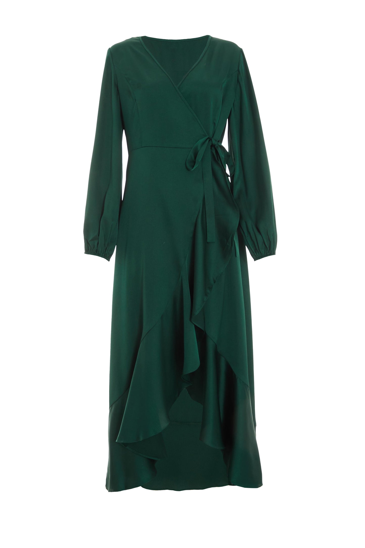 Green Satin Wrap Midi Dress