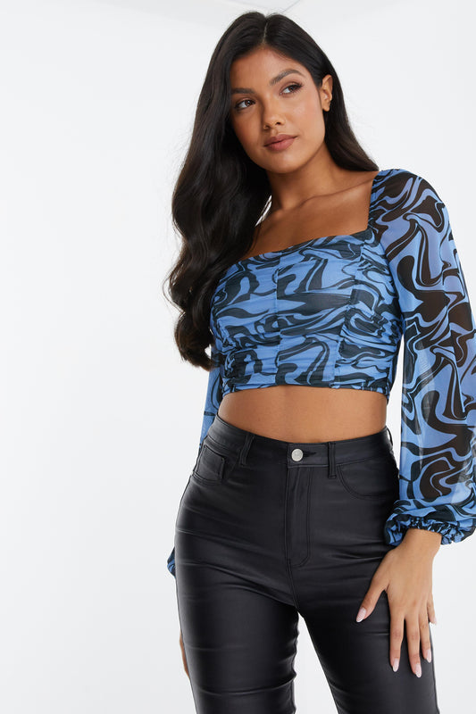 Marble Print Mesh Crop Top