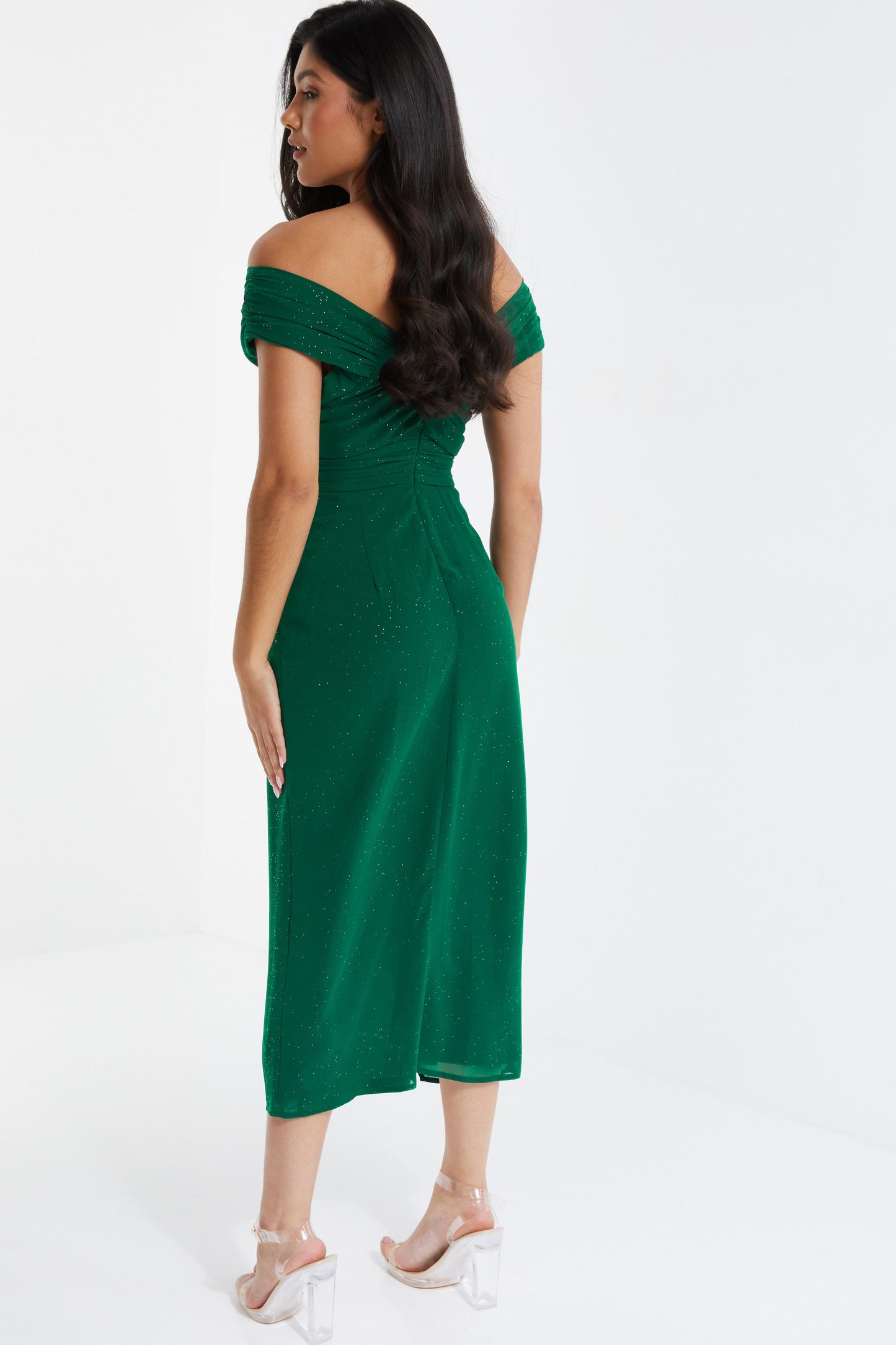 Green Bardot Glitter Chiffon Midi Dress