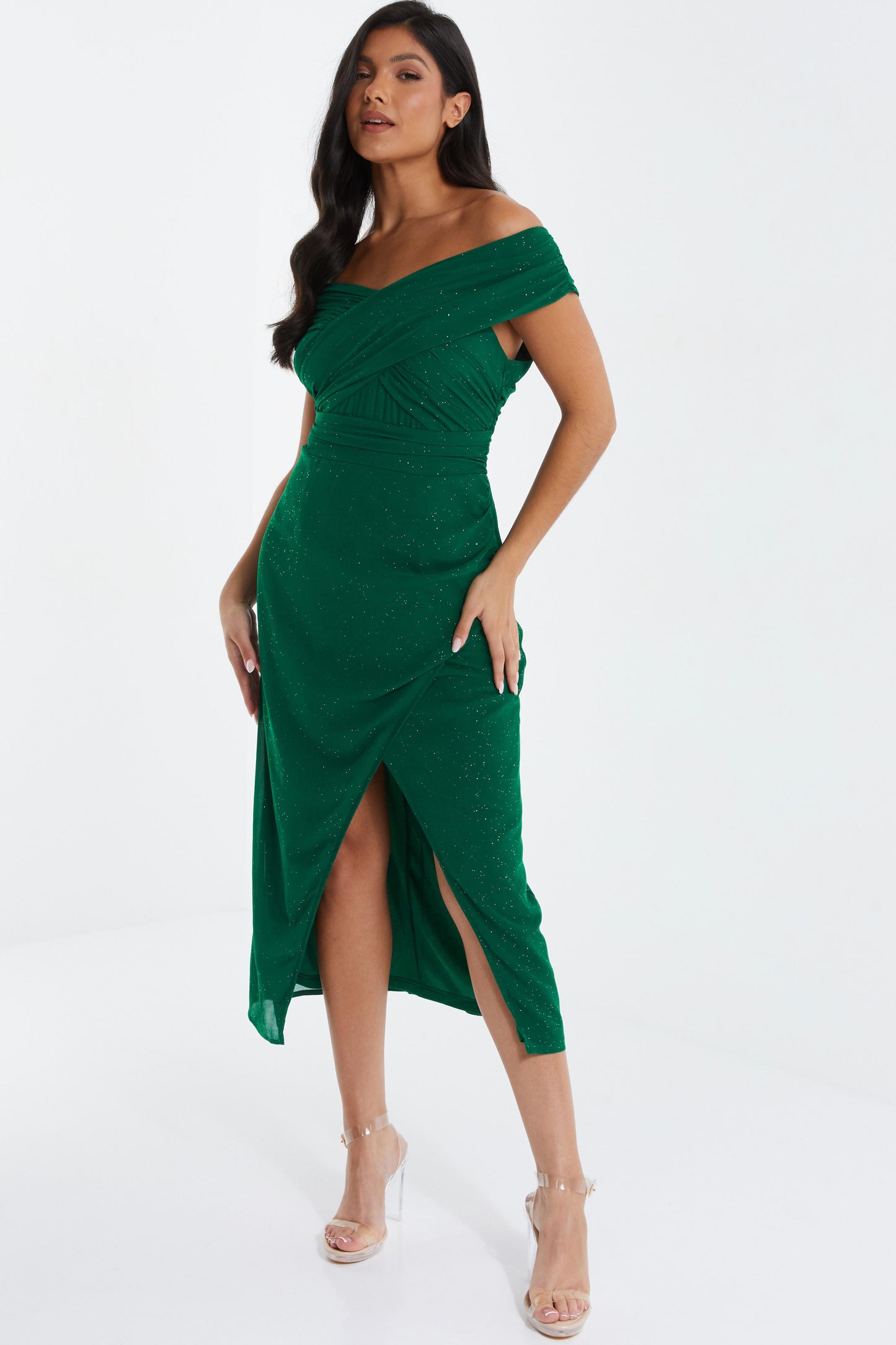 Green Bardot Glitter Chiffon Midi Dress