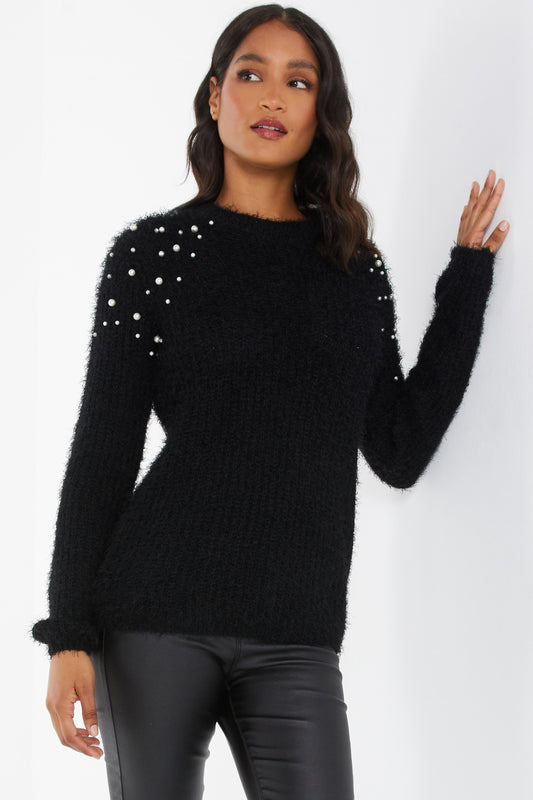 Black Knitted Pearl Fluffy Jumper
