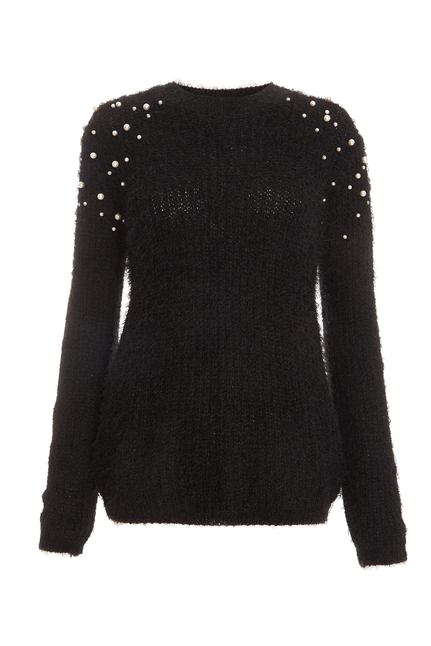 Black Knitted Pearl Fluffy Jumper
