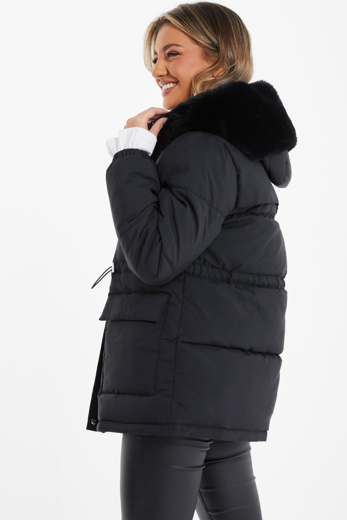 Black Padded Faux Fur Hood Jacket