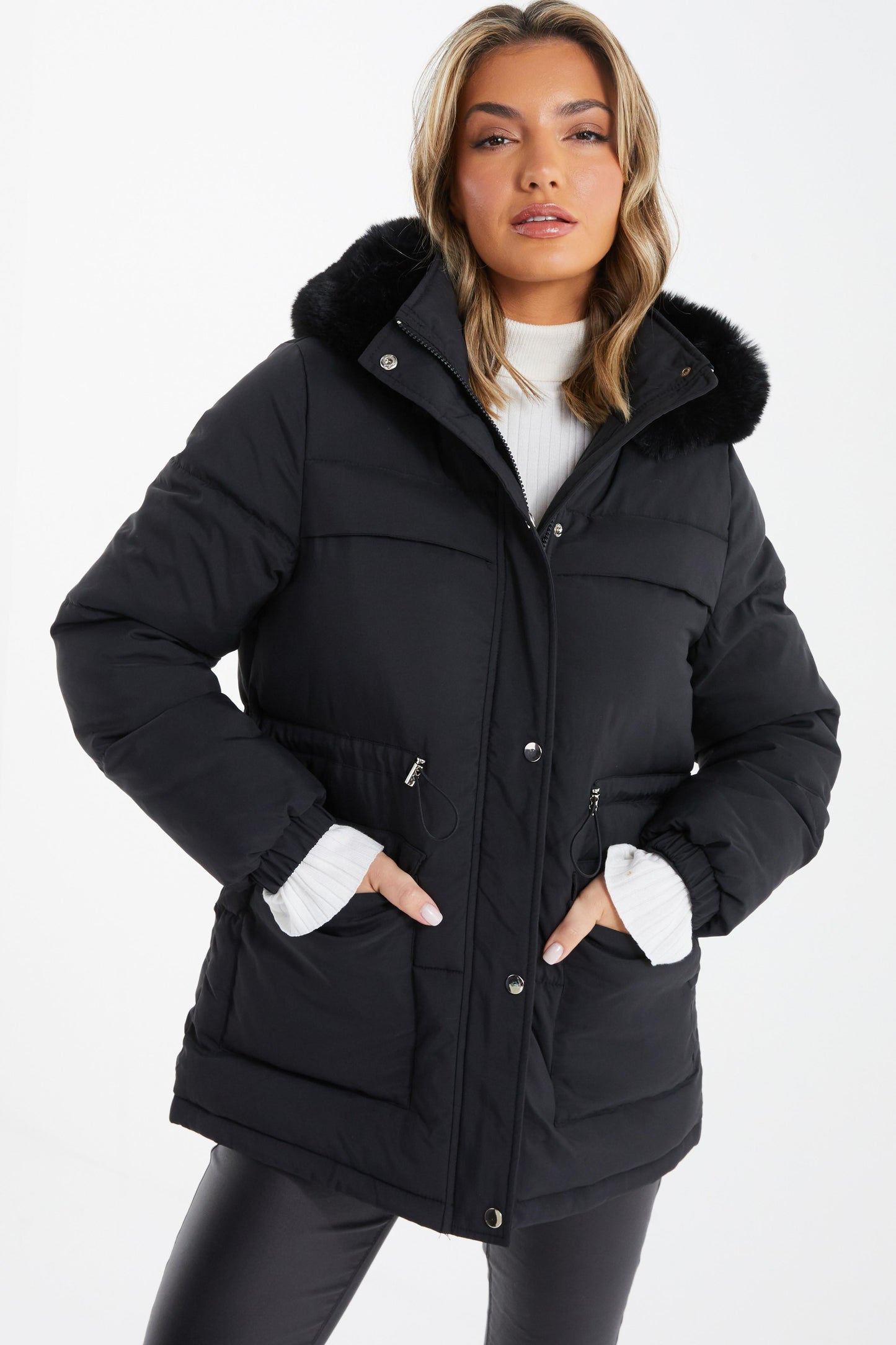 Black Padded Faux Fur Hood Jacket