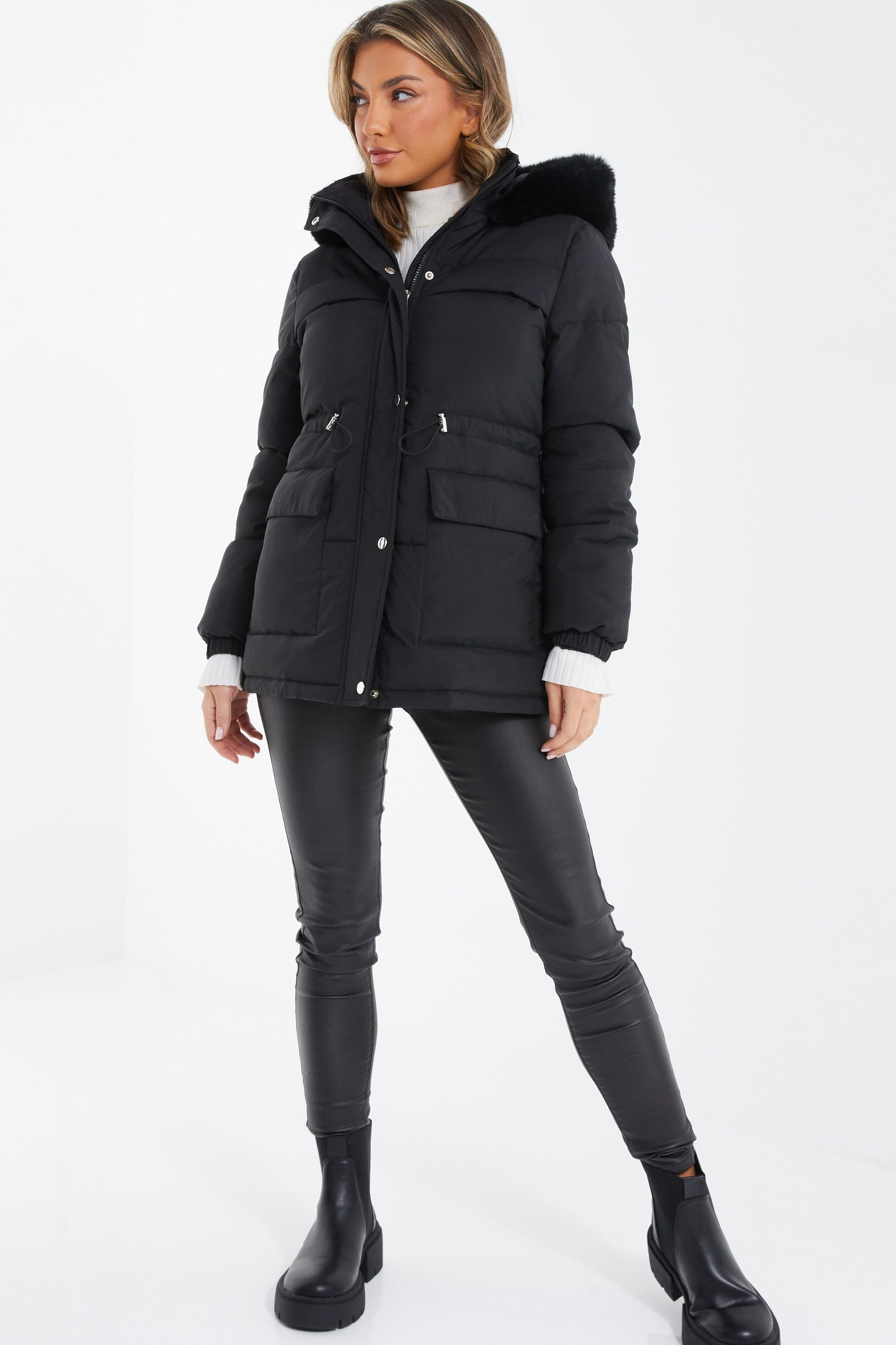 Black Padded Faux Fur Hood Jacket