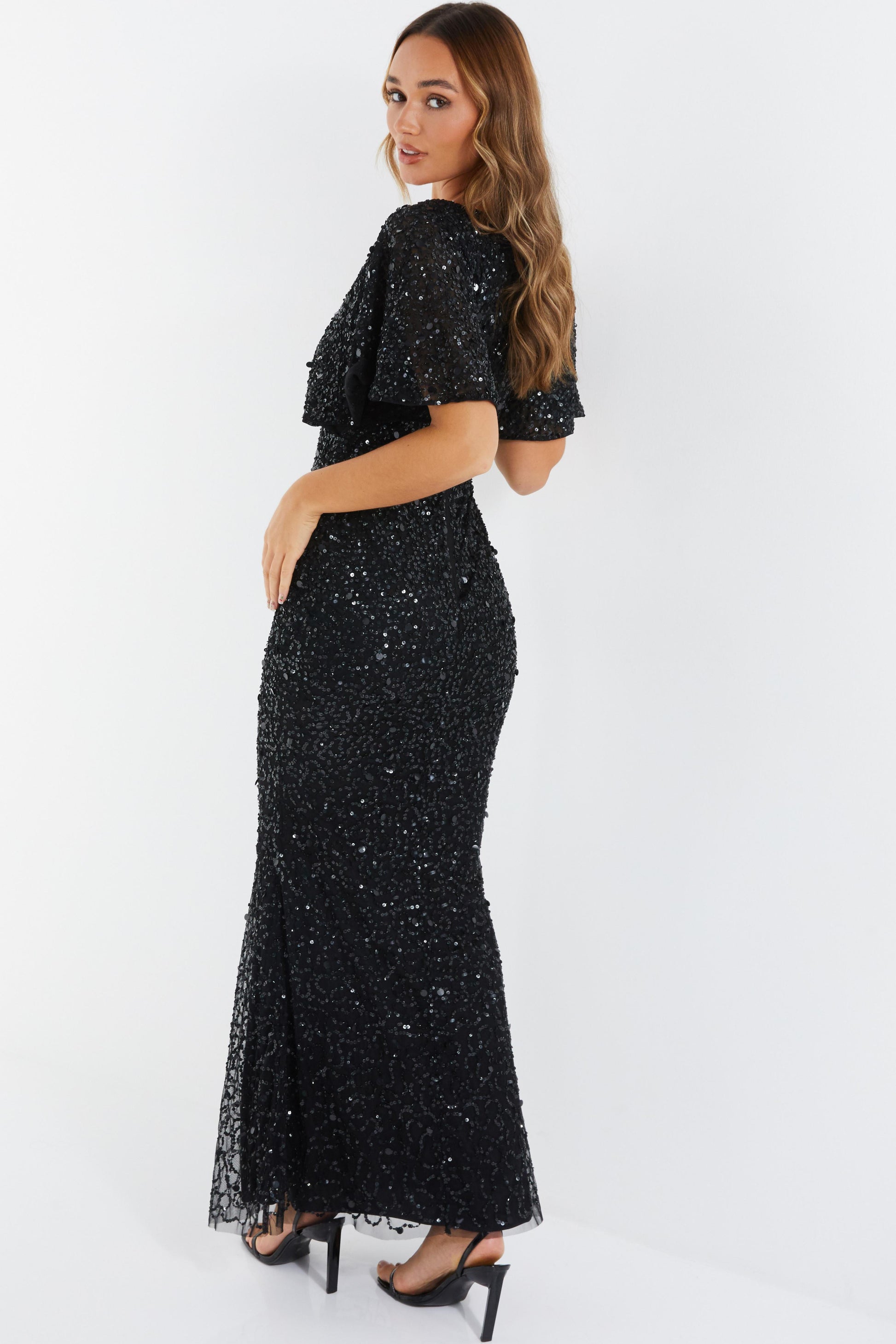 black sequin batwing dress Sequin Batwing Sleeve High Slit Party Maxi Dress Likemychoice